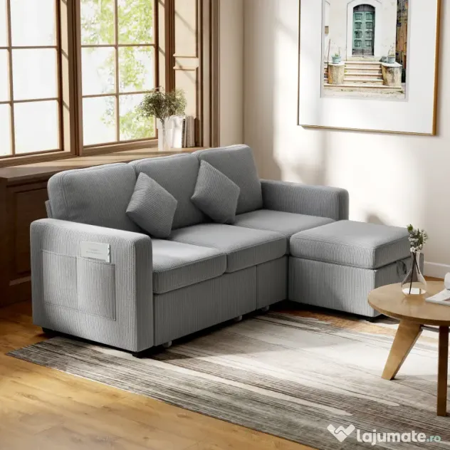 HOMCOM Divan 3 Locuri cu Pouf de Depozitare din Velur cu Nervuri 196x139x85 cm, Gri | Aosom Romania