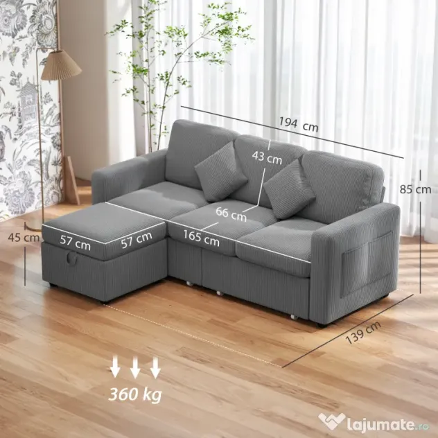 HOMCOM Divan 3 Locuri cu Pouf de Depozitare din Velur cu Nervuri 196x139x85 cm, Gri | Aosom Romania
