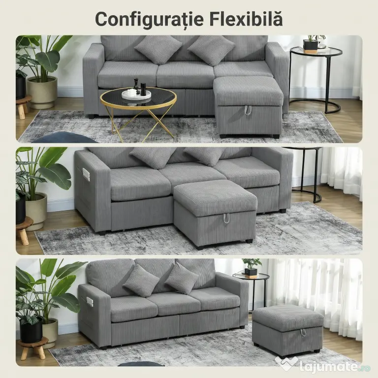 HOMCOM Divan 3 Locuri cu Pouf de Depozitare din Velur cu Nervuri 196x139x85 cm, Gri | Aosom Romania