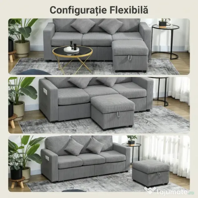 HOMCOM Divan 3 Locuri cu Pouf de Depozitare din Velur cu Nervuri 196x139x85 cm, Gri | Aosom Romania