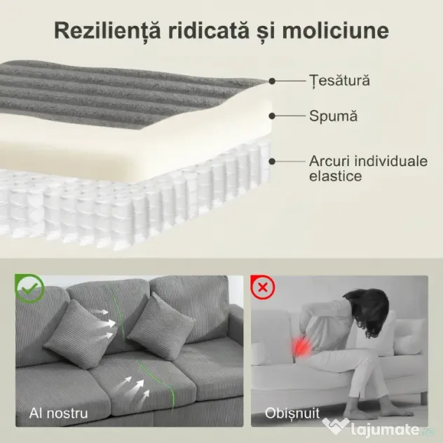 HOMCOM Divan 3 Locuri cu Pouf de Depozitare din Velur cu Nervuri 196x139x85 cm, Gri | Aosom Romania