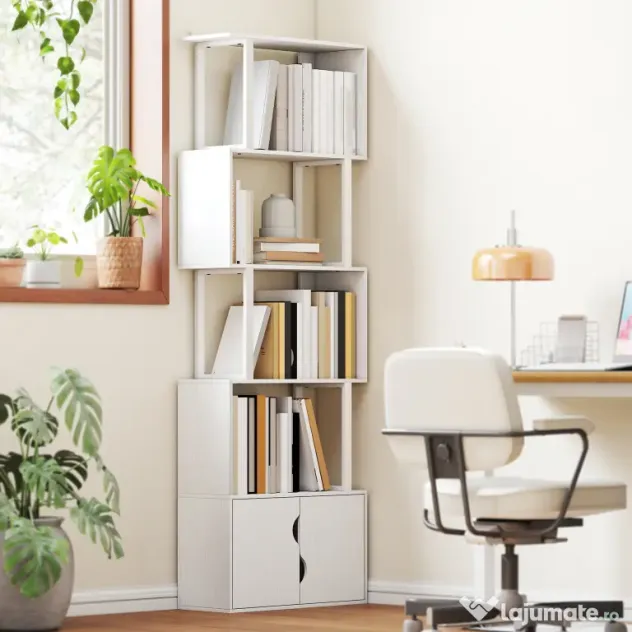 HOMCOM Bibliotecă Modernă cu 5 Rafturi și Dulăpior cu 2 Uși din Lemn Alb | Aosom Romania