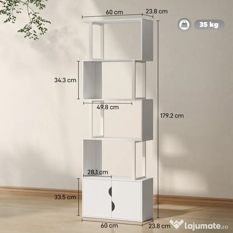 HOMCOM Bibliotecă Modernă cu 5 Rafturi și Dulăpior cu 2 Uși din Lemn Alb | Aosom Romania