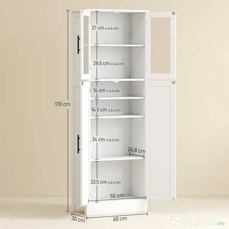 HOMCOM Dulap Baie 170 cm, Depozitare Independentă cu Uși din Sticlă și Rafturi Reglabile, Alb | Aosom Romania