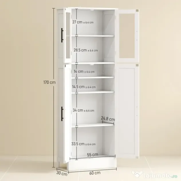 HOMCOM Dulap Baie 170 cm, Depozitare Independentă cu Uși din Sticlă și Rafturi Reglabile, Alb | Aosom Romania