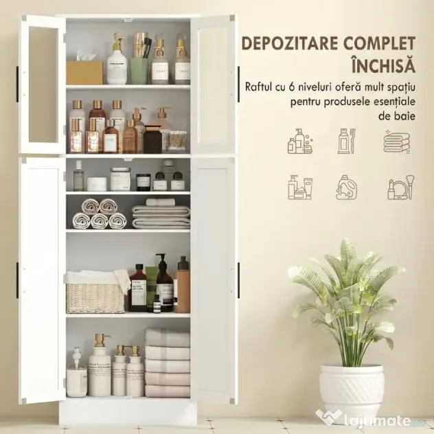 HOMCOM Dulap Baie 170 cm, Depozitare Independentă cu Uși din Sticlă și Rafturi Reglabile, Alb | Aosom Romania