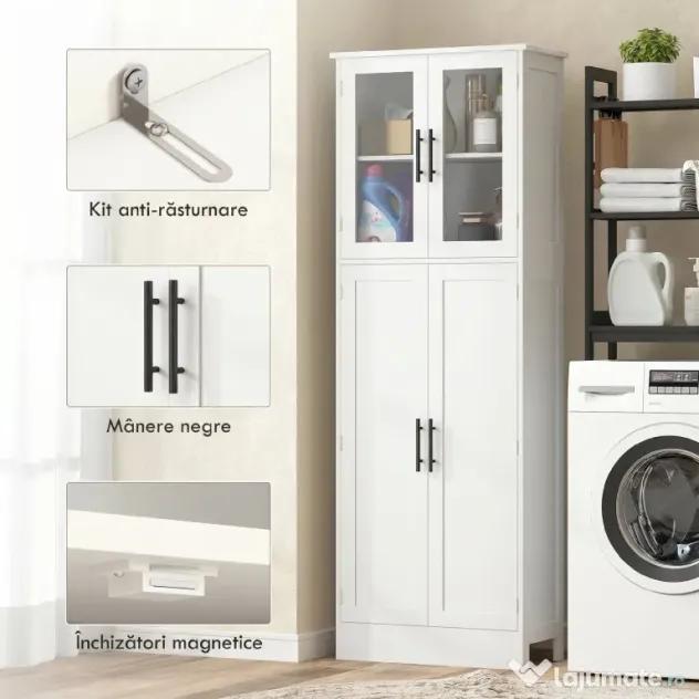 HOMCOM Dulap Baie 170 cm, Depozitare Independentă cu Uși din Sticlă și Rafturi Reglabile, Alb | Aosom Romania