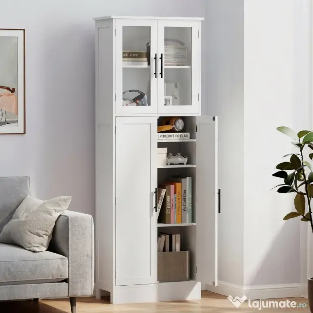 HOMCOM Dulap Baie 170 cm, Depozitare Independentă cu Uși din Sticlă și Rafturi Reglabile, Alb | Aosom Romania