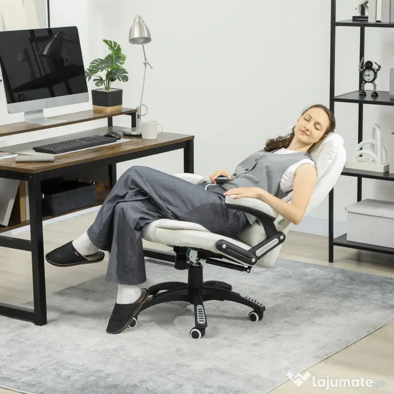 Vinsetto Scaun de Birou Reclinabil cu Masaj, Înălțime Reglabilă, Telecomandă, Textil cu Aspect de In, Crem | Aosom Romania