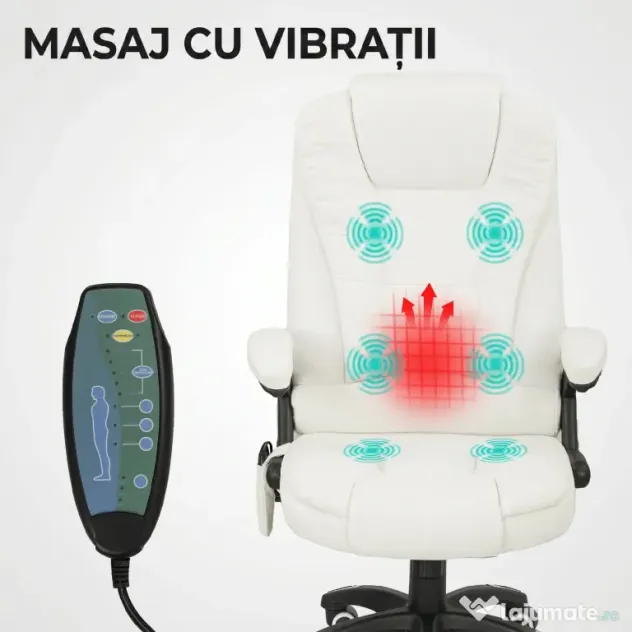 Vinsetto Scaun de Birou Reclinabil cu Masaj, Înălțime Reglabilă, Telecomandă, Textil cu Aspect de In, Crem | Aosom Romania