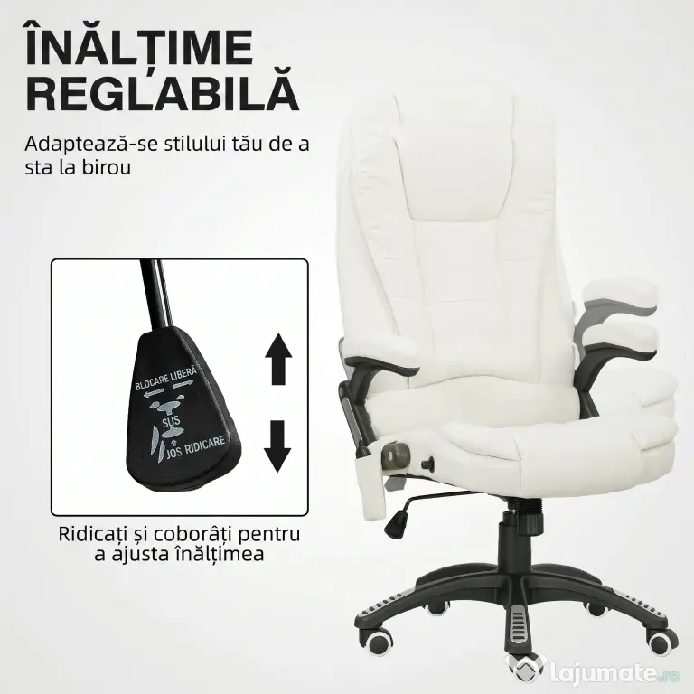 Vinsetto Scaun de Birou Reclinabil cu Masaj, Înălțime Reglabilă, Telecomandă, Textil cu Aspect de In, Crem | Aosom Romania
