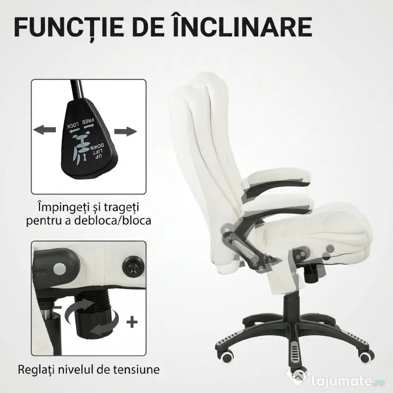 Vinsetto Scaun de Birou Reclinabil cu Masaj, Înălțime Reglabilă, Telecomandă, Textil cu Aspect de In, Crem | Aosom Romania