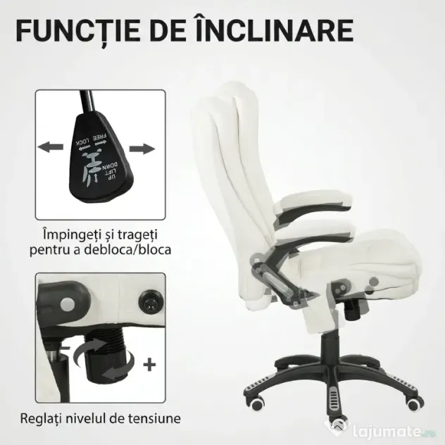 Vinsetto Scaun de Birou Reclinabil cu Masaj, Înălțime Reglabilă, Telecomandă, Textil cu Aspect de In, Crem | Aosom Romania