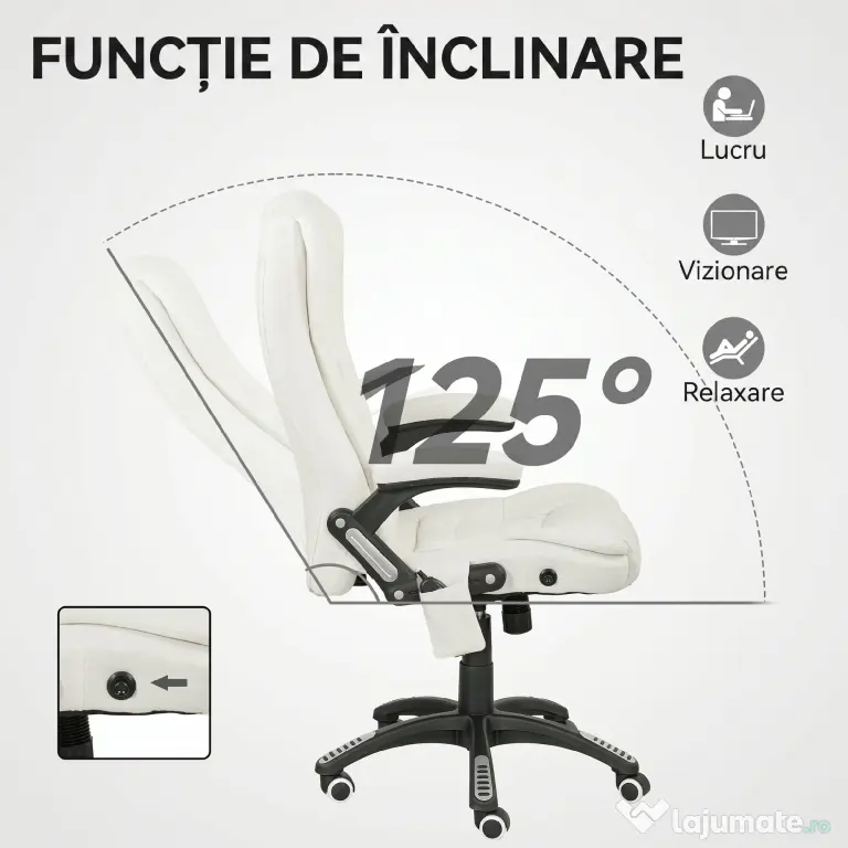 Vinsetto Scaun de Birou Reclinabil cu Masaj, Înălțime Reglabilă, Telecomandă, Textil cu Aspect de In, Crem | Aosom Romania