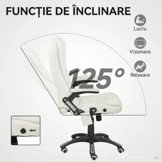 Vinsetto Scaun de Birou Reclinabil cu Masaj, Înălțime Reglabilă, Telecomandă, Textil cu Aspect de In, Crem | Aosom Romania