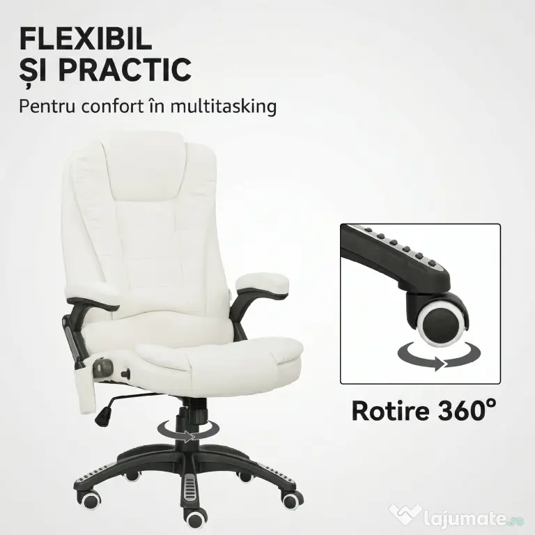 Vinsetto Scaun de Birou Reclinabil cu Masaj, Înălțime Reglabilă, Telecomandă, Textil cu Aspect de In, Crem | Aosom Romania