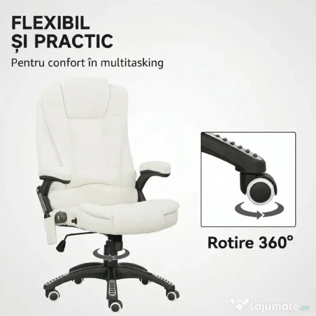 Vinsetto Scaun de Birou Reclinabil cu Masaj, Înălțime Reglabilă, Telecomandă, Textil cu Aspect de In, Crem | Aosom Romania