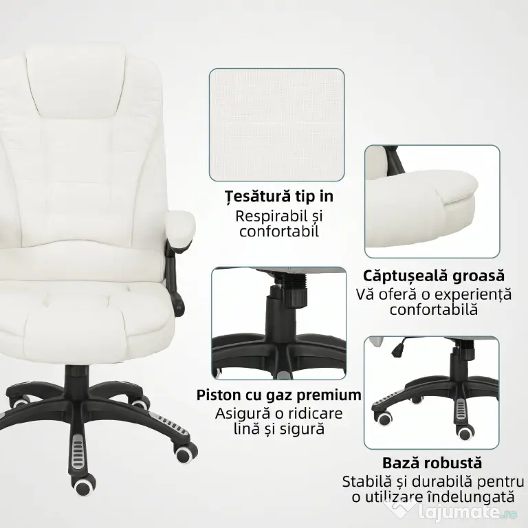 Vinsetto Scaun de Birou Reclinabil cu Masaj, Înălțime Reglabilă, Telecomandă, Textil cu Aspect de In, Crem | Aosom Romania
