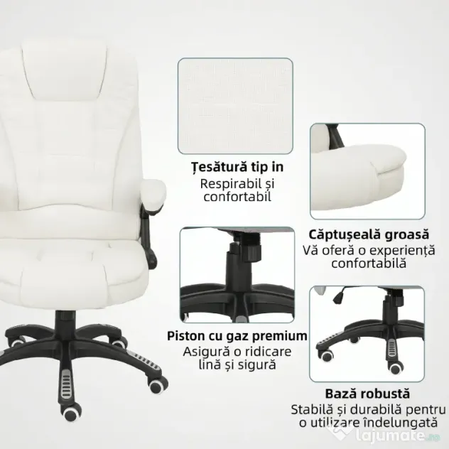 Vinsetto Scaun de Birou Reclinabil cu Masaj, Înălțime Reglabilă, Telecomandă, Textil cu Aspect de In, Crem | Aosom Romania