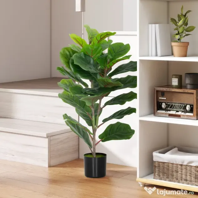 HOMCOM Plantă Artificială Ficus Lyrata Înaltă de 80 cm, Decorativă pentru Interior cu Ghiveci, Verde