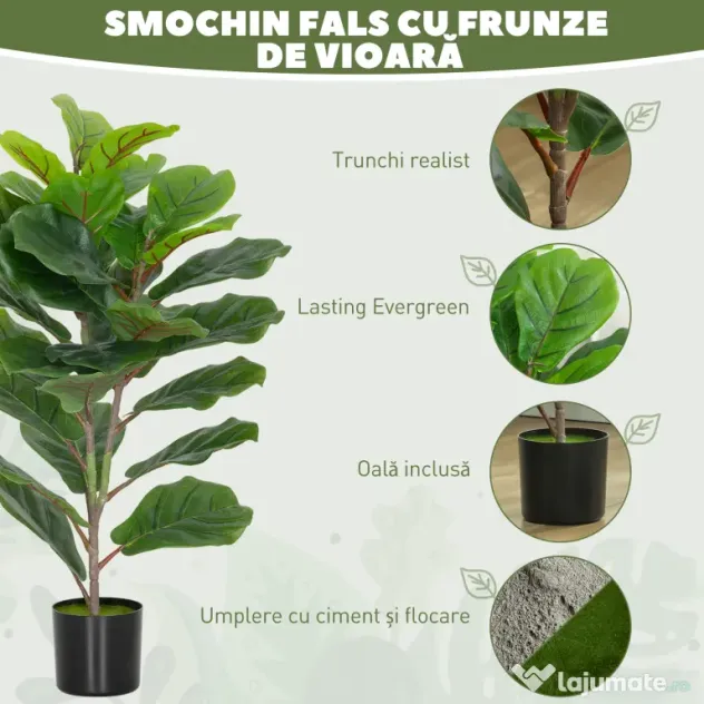 HOMCOM Plantă Artificială Ficus Lyrata Înaltă de 80 cm, Decorativă pentru Interior cu Ghiveci, Verde