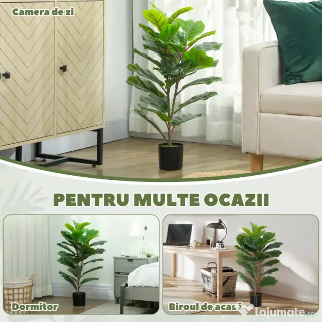 HOMCOM Plantă Artificială Ficus Lyrata Înaltă de 80 cm, Decorativă pentru Interior cu Ghiveci, Verde