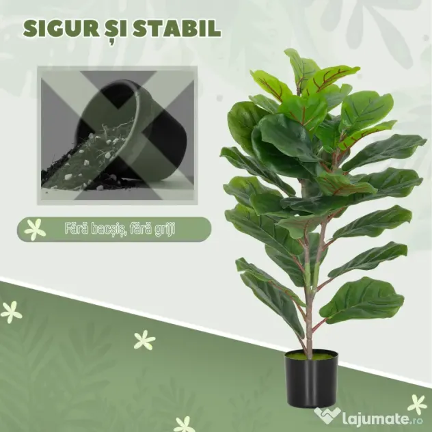 HOMCOM Plantă Artificială Ficus Lyrata Înaltă de 80 cm, Decorativă pentru Interior cu Ghiveci, Verde