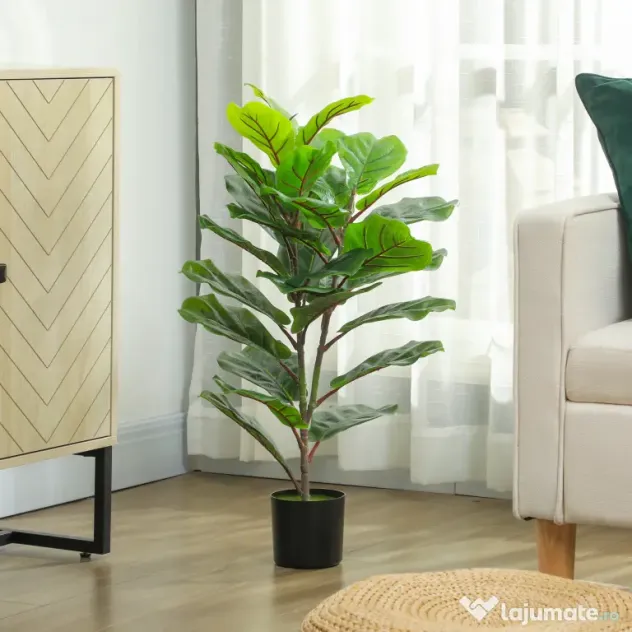 HOMCOM Plantă Artificială Ficus Lyrata Înaltă de 80 cm, Decorativă pentru Interior cu Ghiveci, Verde