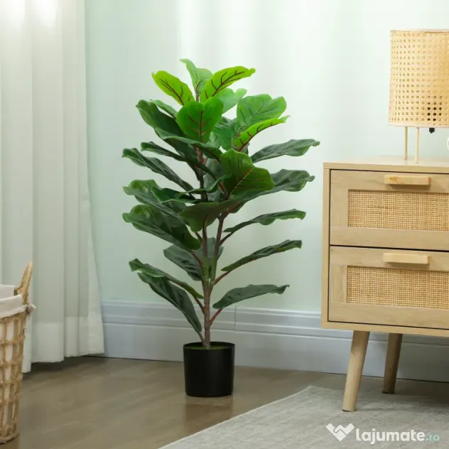 HOMCOM Plantă Artificială Ficus Lyrata Înaltă de 80 cm, Decorativă pentru Interior cu Ghiveci, Verde