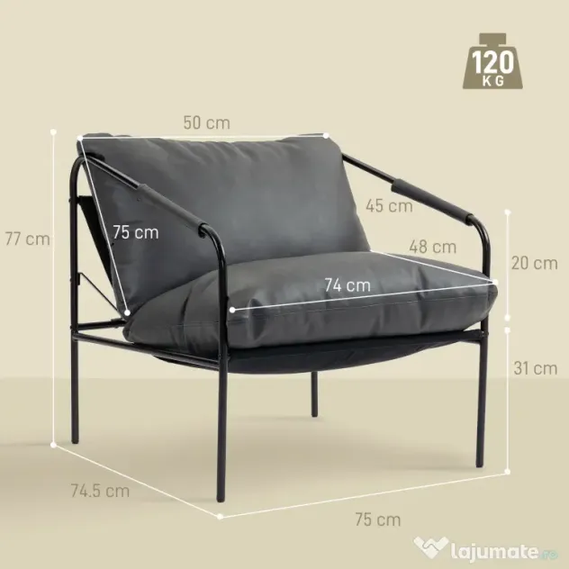 HOMCOM Fotoliu de Sufragerie din Piele PU și Cadru Metalic cu Perne Groase, 74.5x75x77 cm, Gri Antracit | Aosom Romania