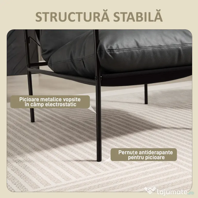 HOMCOM Fotoliu de Sufragerie din Piele PU și Cadru Metalic cu Perne Groase, 74.5x75x77 cm, Gri Antracit | Aosom Romania