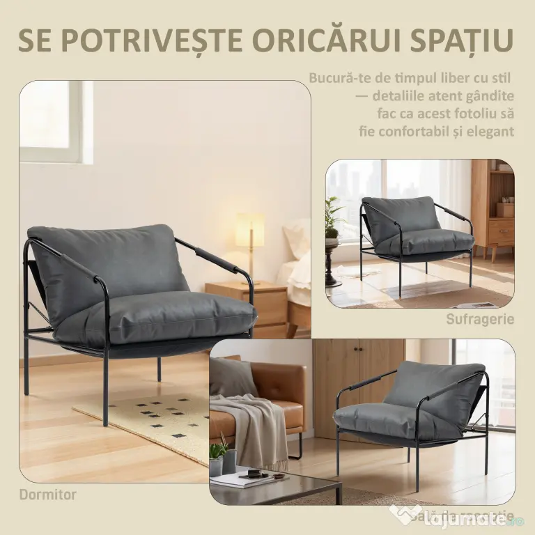 HOMCOM Fotoliu de Sufragerie din Piele PU și Cadru Metalic cu Perne Groase, 74.5x75x77 cm, Gri Antracit | Aosom Romania