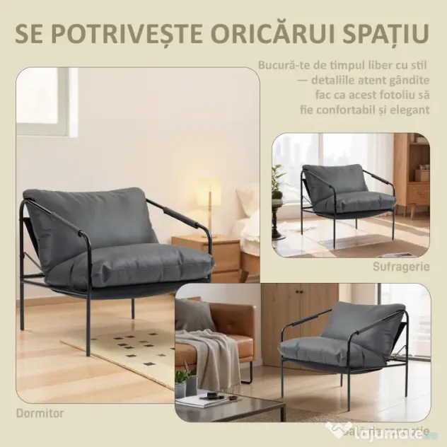 HOMCOM Fotoliu de Sufragerie din Piele PU și Cadru Metalic cu Perne Groase, 74.5x75x77 cm, Gri Antracit | Aosom Romania