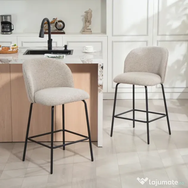 HOMCOM Set 2 Scaune de Bar cu Spătar și Suport pentru Picioare, Acoperire din Material Textil și Picioare din Oțel, Gri | Aosom Romania