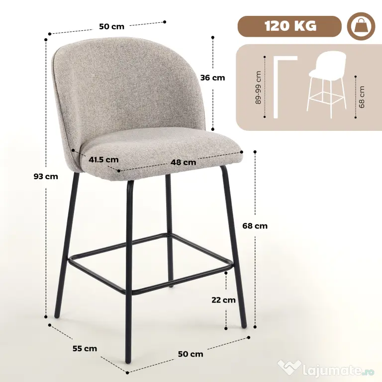 HOMCOM Set 2 Scaune de Bar cu Spătar și Suport pentru Picioare, Acoperire din Material Textil și Picioare din Oțel, Gri | Aosom Romania