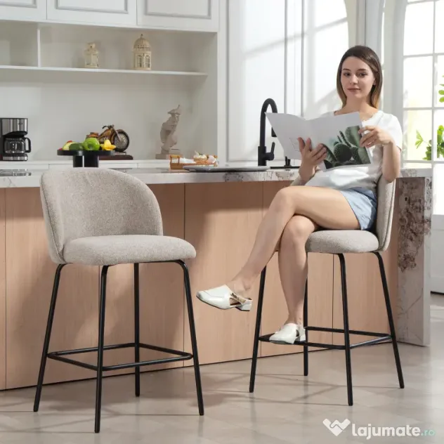 HOMCOM Set 2 Scaune de Bar cu Spătar și Suport pentru Picioare, Acoperire din Material Textil și Picioare din Oțel, Gri | Aosom Romania