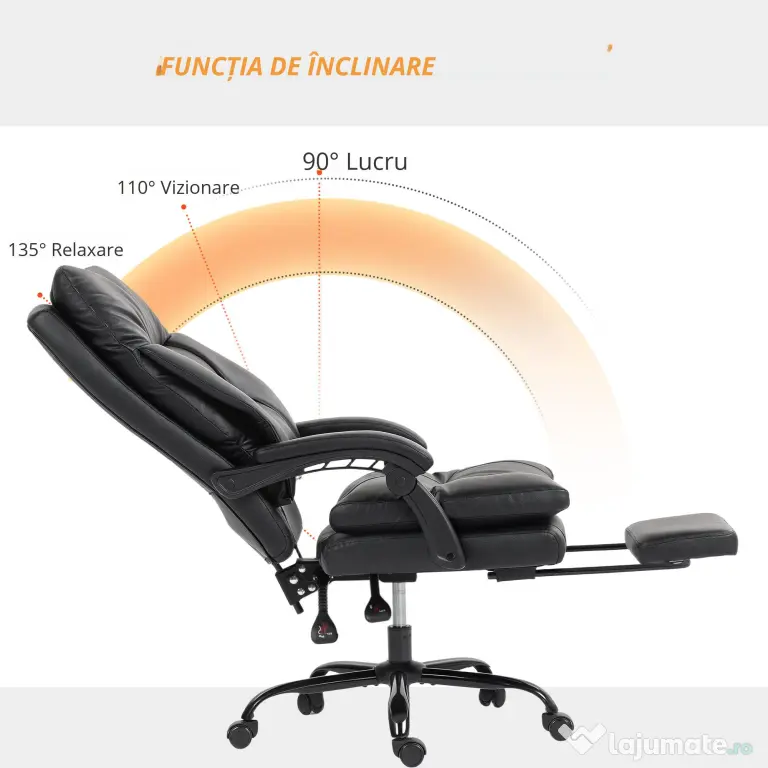 HOMCOM Scaun pentru Birou cu Înălțime Reglabilă și Reclinabil până la 135° Negru | Aosom Romania