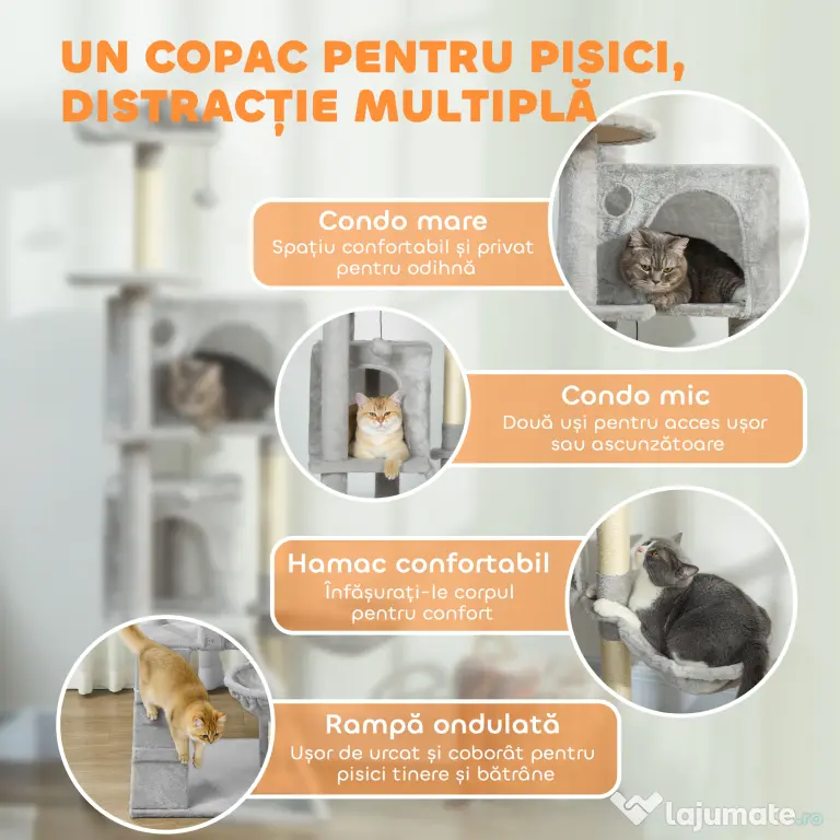 PawHut Arbore de Zgâriat pentru Pisici Înalt de 160 cm cu 2 Căsuțe, Hamac, Pat și Stâlpi din Sisal, Gri | Aosom Romania