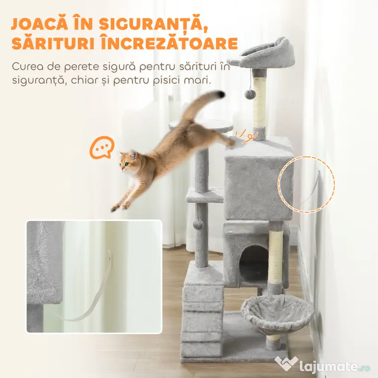 PawHut Arbore de Zgâriat pentru Pisici Înalt de 160 cm cu 2 Căsuțe, Hamac, Pat și Stâlpi din Sisal, Gri | Aosom Romania