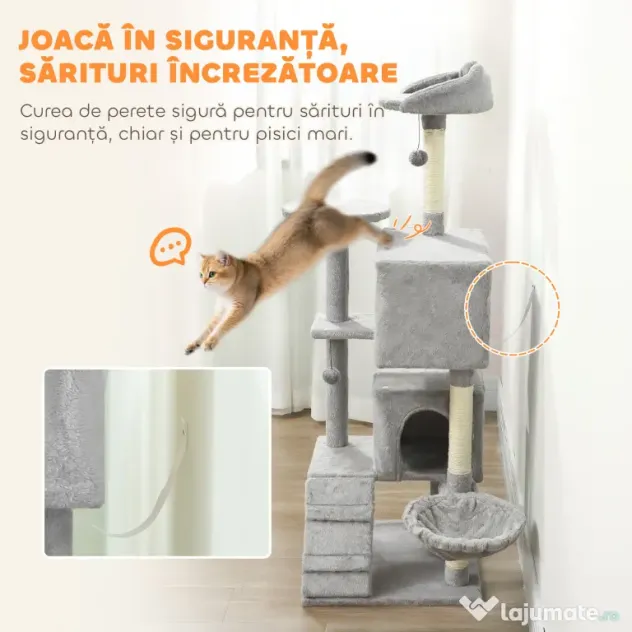 PawHut Arbore de Zgâriat pentru Pisici Înalt de 160 cm cu 2 Căsuțe, Hamac, Pat și Stâlpi din Sisal, Gri | Aosom Romania