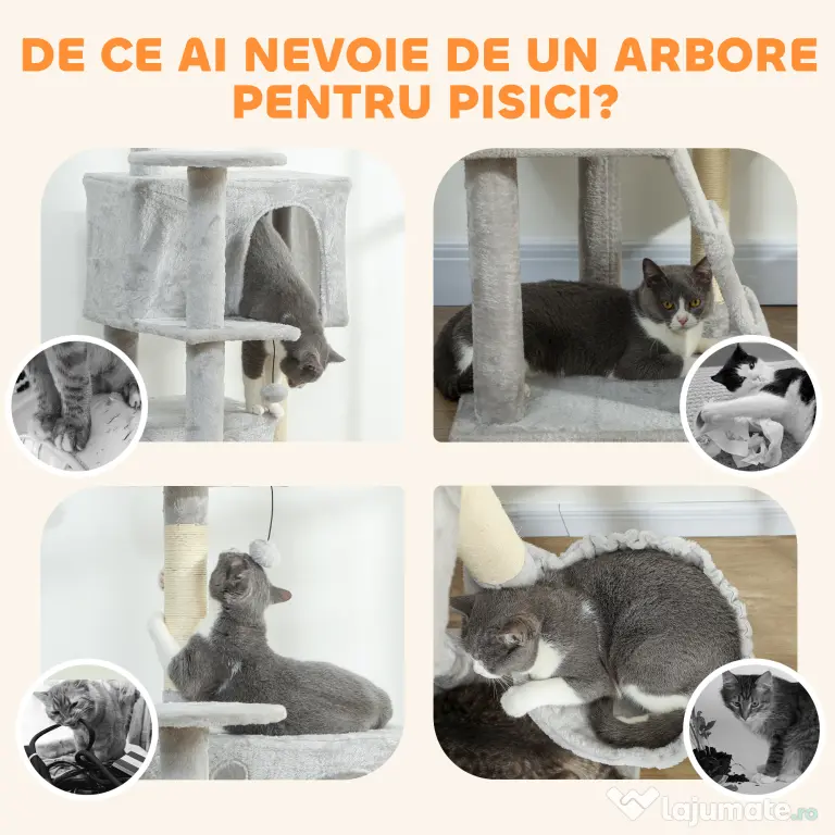 PawHut Arbore de Zgâriat pentru Pisici Înalt de 160 cm cu 2 Căsuțe, Hamac, Pat și Stâlpi din Sisal, Gri | Aosom Romania