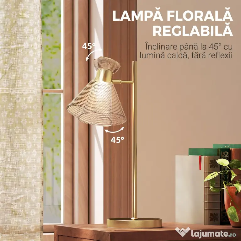 HOMCOM Lampă de Masă Modernă cu Abajur Reglabil din Sticlă Ambrată și Satinată, Suport E27, Aur | Aosom Romania