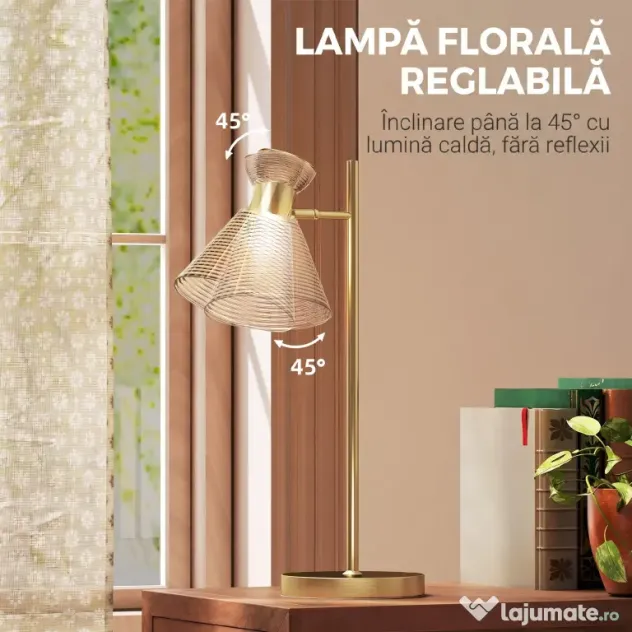 HOMCOM Lampă de Masă Modernă cu Abajur Reglabil din Sticlă Ambrată și Satinată, Suport E27, Aur | Aosom Romania