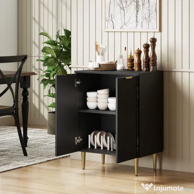 HOMCOM Comodă Modernă cu 2 Uși și Raft Reglabil, Bufet pentru Bucătărie și Living cu Picioare din Metal, Negru | Aosom Romania