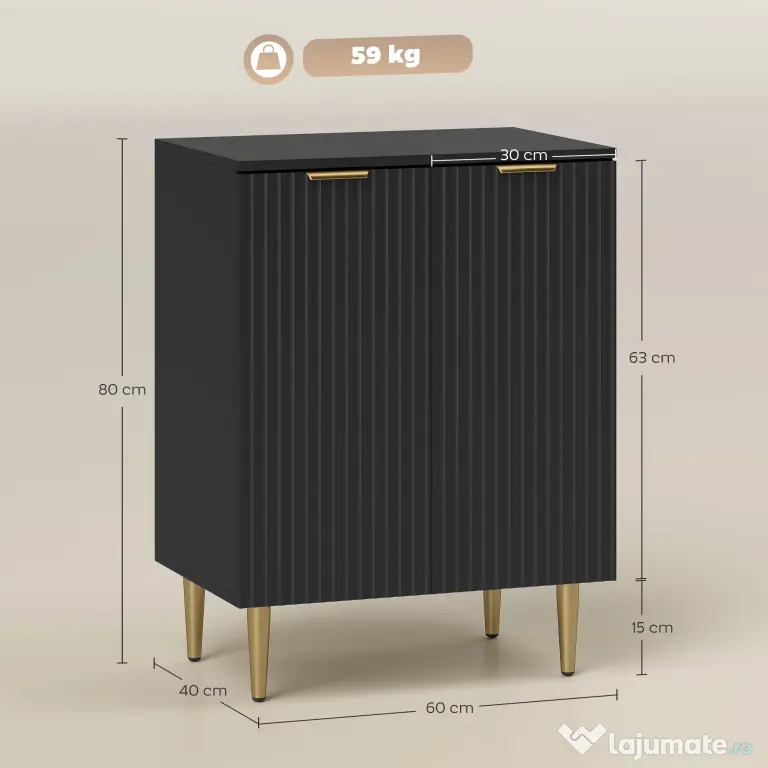 HOMCOM Comodă Modernă cu 2 Uși și Raft Reglabil, Bufet pentru Bucătărie și Living cu Picioare din Metal, Negru | Aosom Romania