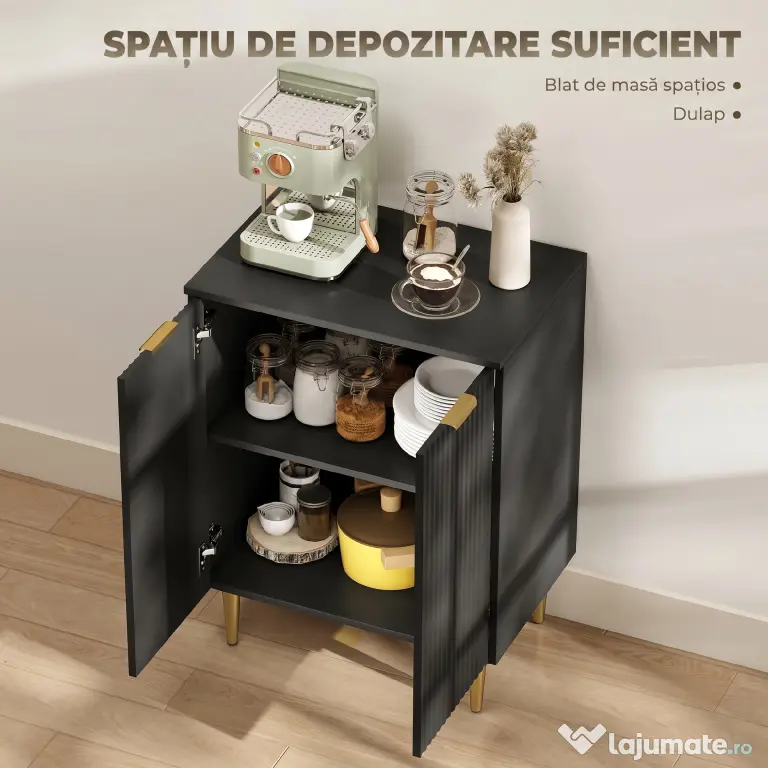 HOMCOM Comodă Modernă cu 2 Uși și Raft Reglabil, Bufet pentru Bucătărie și Living cu Picioare din Metal, Negru | Aosom Romania