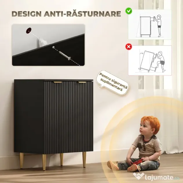 HOMCOM Comodă Modernă cu 2 Uși și Raft Reglabil, Bufet pentru Bucătărie și Living cu Picioare din Metal, Negru | Aosom Romania