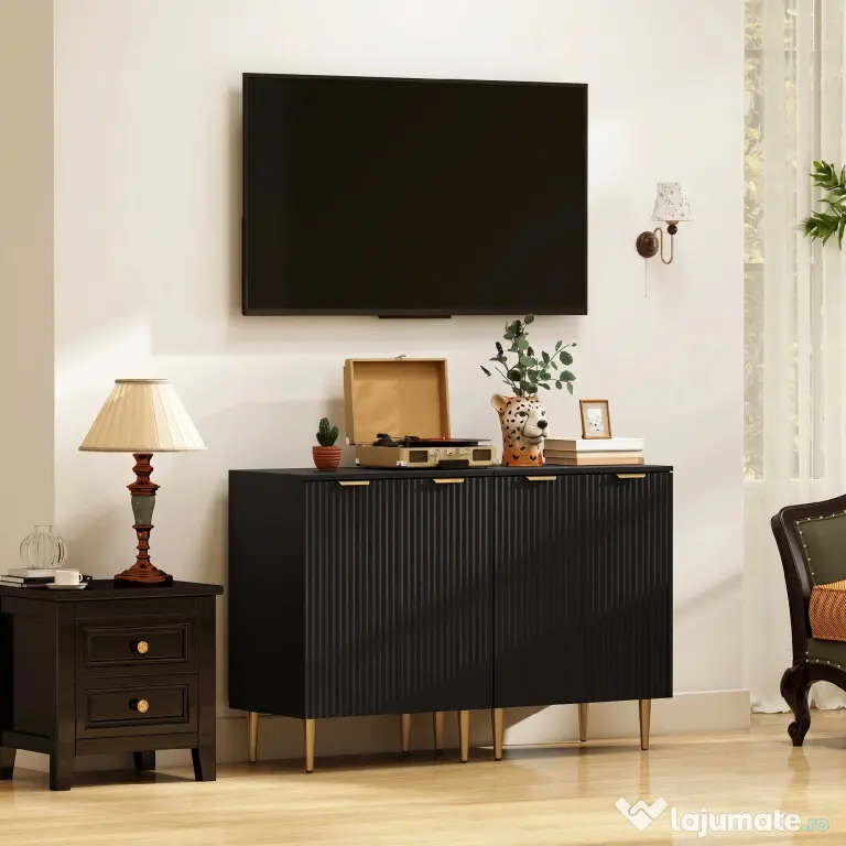 HOMCOM Comodă Modernă cu 2 Uși și Raft Reglabil, Bufet pentru Bucătărie și Living cu Picioare din Metal, Negru | Aosom Romania