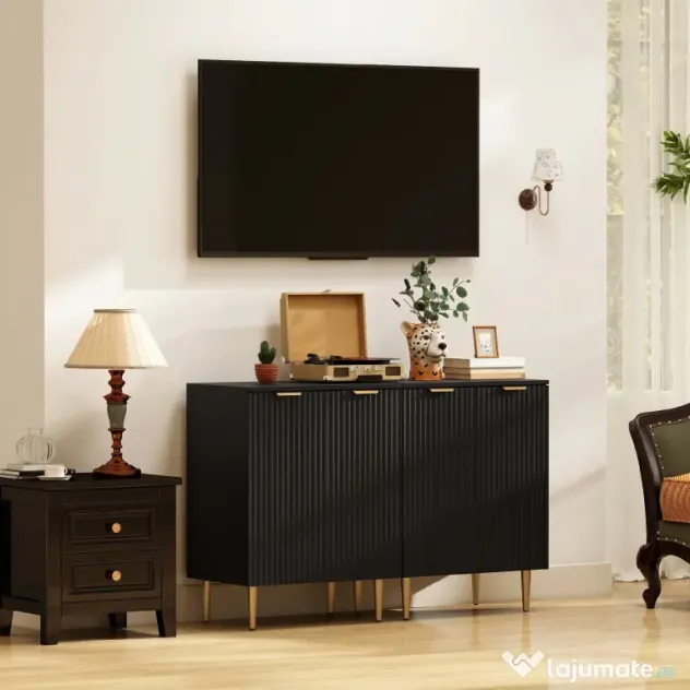 HOMCOM Comodă Modernă cu 2 Uși și Raft Reglabil, Bufet pentru Bucătărie și Living cu Picioare din Metal, Negru | Aosom Romania