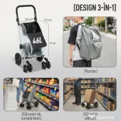 HOMCOM Cărucior de Cumpărături Pliabil din Aluminiu cu Roți, Geantă de 46L, Compartiment Frigorific, Mâner Reglabil, Gri | Aosom Romania